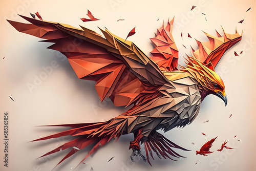 A brilliantly crafted origami phoenix, meticulously folded from gold paper, captures the essence of this mythical bird, with its wings gracefully extended, ready to rise from the ashes.
