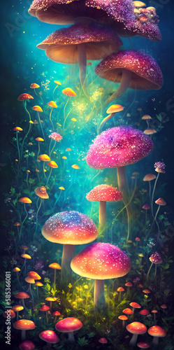 Magical colorful flowers and mashrooms. AI Generated illustration