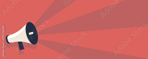Poster with megaphone. Flat design bullhorn on a red background. Vector illustration