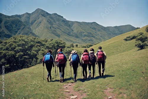  Group of trekking tourists with backpacks on mountain trail, beautiful sunlight over nature landscape, wanderlust, hiking concept. Generative AI