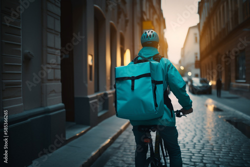  Illustration of a delivery rider on a bicycle riding through the city with his blue isothermal delivery backpack, Generative AI