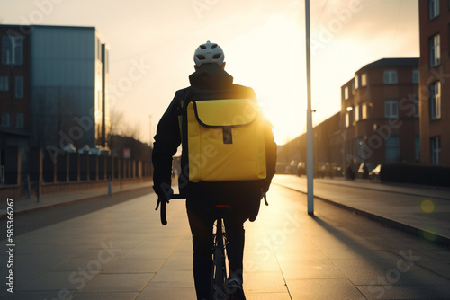  Illustration of a delivery rider on a bicycle riding through the city at sunset with his yellow isothermal delivery backpack, Generative AI