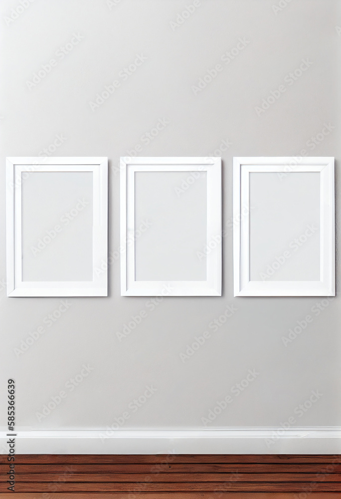 Set of three white portrait picture frame mockups, AI Generated Set of three white portrait picture frame mockups, AI Generated