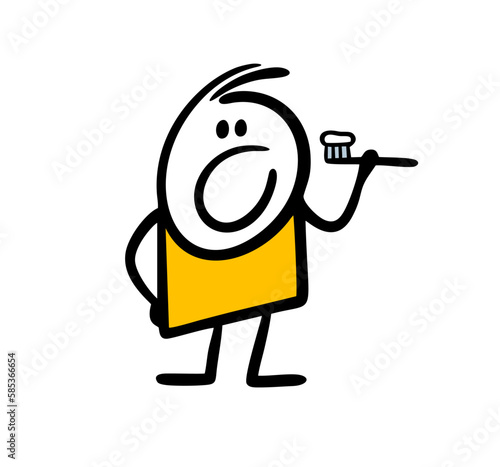 Cartoon child boy holds a toothbrush with paste in his hand, opened his mouth and is about to brush his teeth.