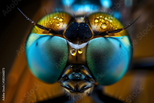 macro close-up of iridescent insect eyes with dew, generative ai  © Ricky