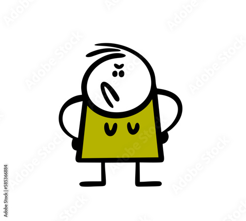 Doodle disgruntled woman in a green dress put her hands on her hips and looks with condemnation.