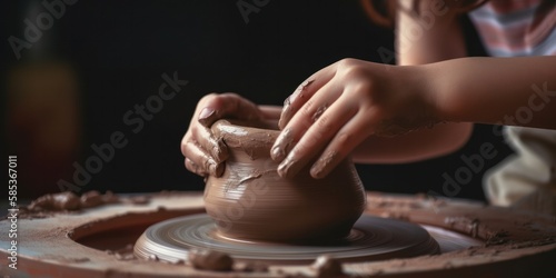 Kid is handcrafting a vase or bowl with clay