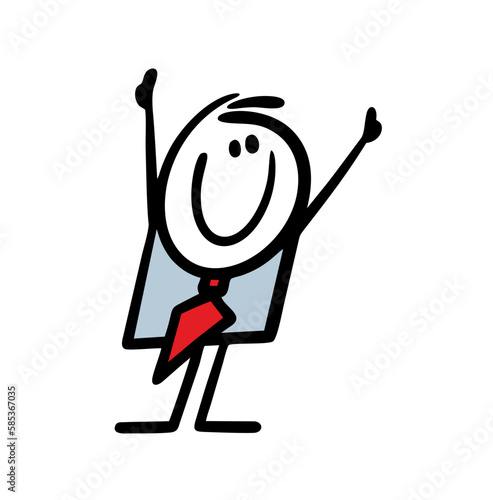 Positive stickman in a business suit pulls his hands up and shows a gesture of approval.