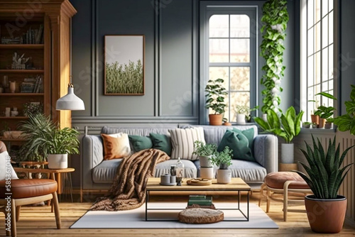 Modern living room, futuristic interior design. Super photo realistic background. Generative ai illustration © Anna