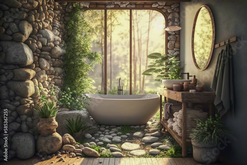 Modern bathroom, eco interior design. Super photo realistic background. Generative ai illustration
