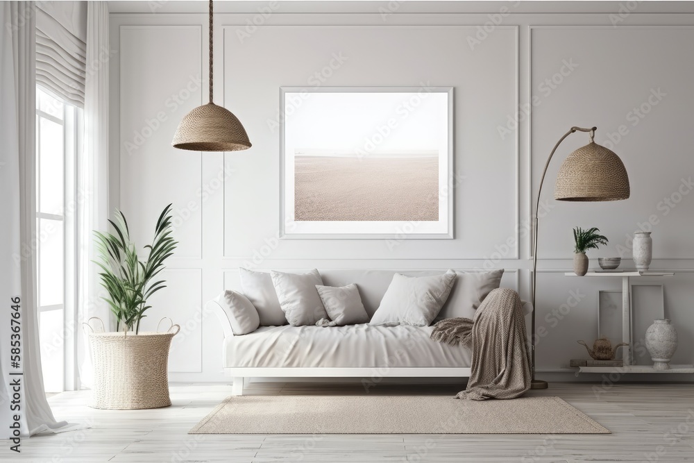 Fototapeta premium Mock up frame in warm house interior backdrop, coastal style livingroom with couch, rattan lamp, white cabinet, gray fabric furniture, hardwood floor, and huge window,. Generative AI