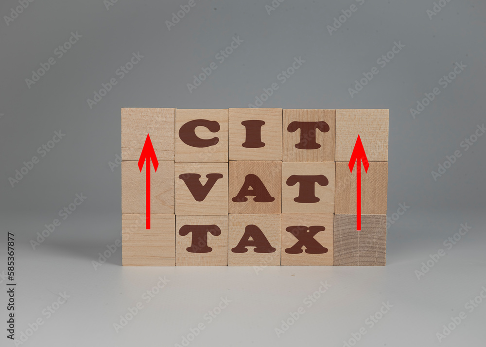 Zmiana podatku VAT, CIT, podwyżka, obniżka. Klocki z napisem Tax VAT, CIT. - obrazy, fototapety, plakaty 