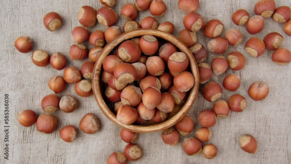 Whole raw hazelnuts on a linen napkin background. Paleo diet baking cooking concept. Selective focus