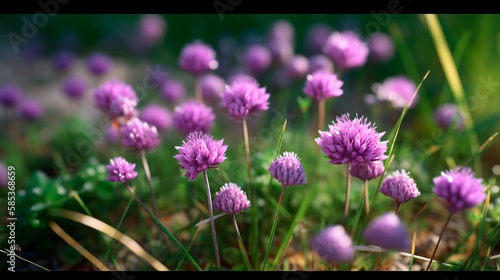 a bunch of purple flowers that are in the grass. Generative AI photo