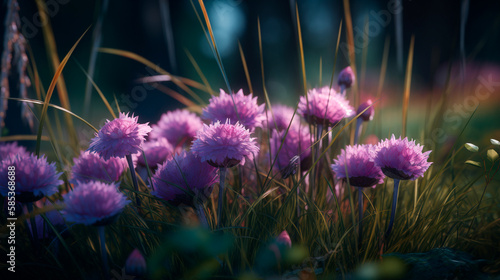 a bunch of purple flowers that are in the grass. Generative AI photo