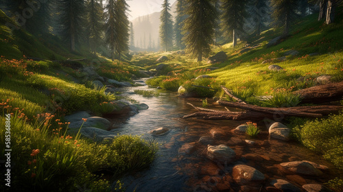 A peaceful brook from Latorita's spring winds its way through a dense spruce forest and a lush alpine meadow. Mount Capatanii in the Romanian Carpathians. Generative AI photo