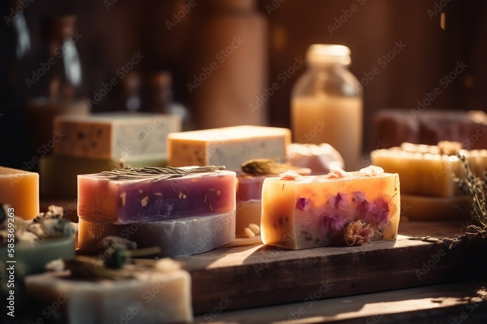 Natural handmade spa soap bars made of different ingredients. Generative AI