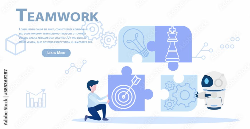 Human and a robot working together to complete a jigsaw puzzle. Solve complex problems and achieve business success. Represent brainstorming, market trends, strategy, tactical, and management. Human and a robot working together to complete a jigsaw puzzle. Solve complex problems and achieve business success. Represent brainstorming, market trends, strategy, tactical, and management.