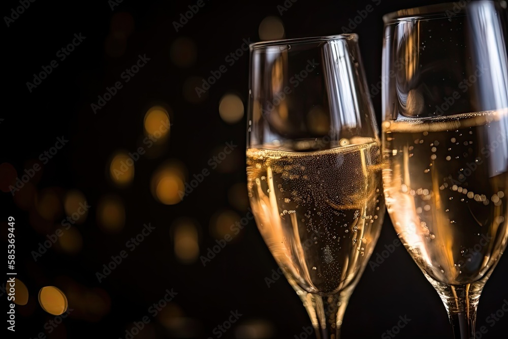 Celebratory champagne toast with holiday bokeh blinking Background.Generative AI Celebratory champagne toast with holiday bokeh blinking Background.Generative AI