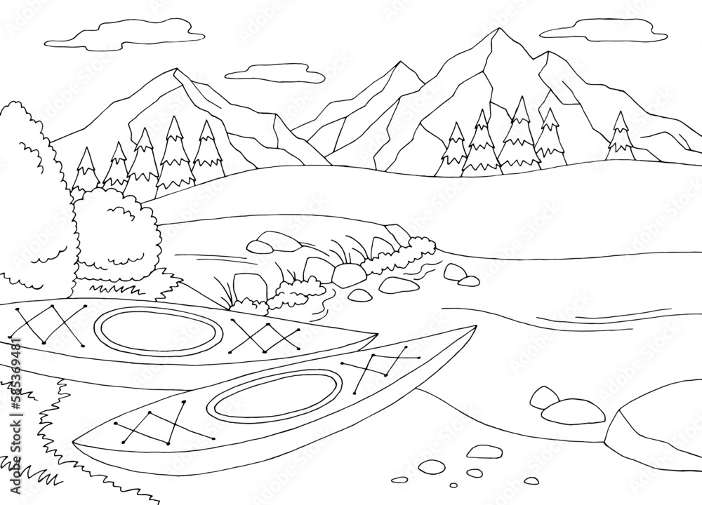 Obraz premium Kayak boat coloring graphic black white landscape sketch illustration vector
