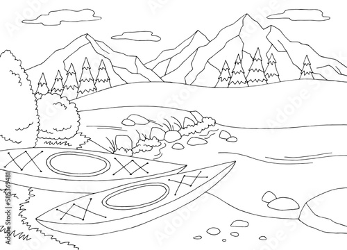Kayak boat coloring graphic black white landscape sketch illustration vector