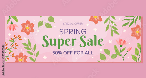 Pink flowers, green leaves berries framing, soft background. Spring Super Sale horizontal banner, seasonal promotion, discount. Warm, inviting atmosphere, evoking beauty, freshness of spring.