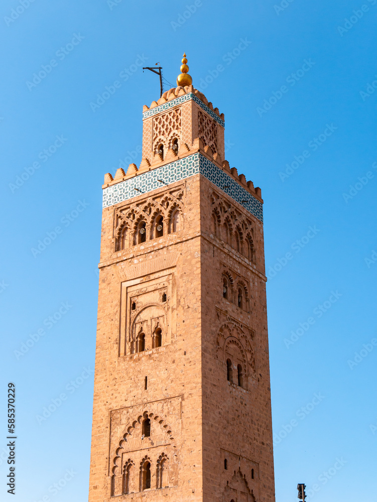Koutoubia - Kutubiyya Mosque in Marrakesh on a sunny winter morning - Close-up Minaret shot