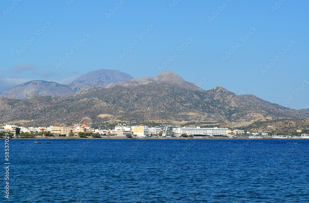 View of Ierapetra in the background of mountains. Crete island, Greece.