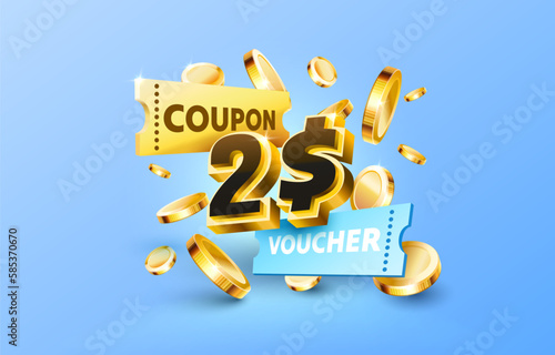 2 dollar coupon gift voucher, cash back banner special offer. Vector