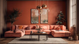 Coral and terracotta living room accent sectional sofa. The walls are dark beige. great art gallery location. Colorful house interior mockup. Generative AI