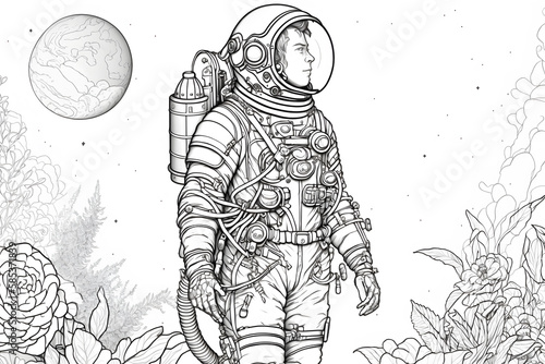 Coloring page for children - astronaut in a spacesuit on another planet. Image created with Generative AI technology.