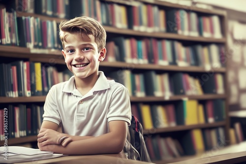 A handsome smiling, happy, young blond school little boy. Student with polo shirt in the school library. Generative AI.