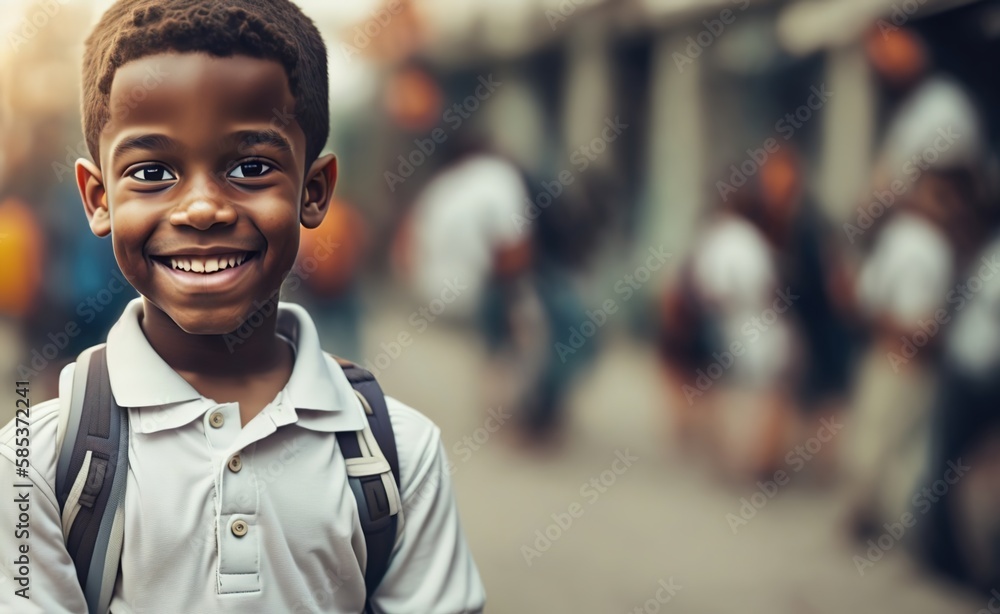 A beautiful smiling, happy, young African American little boy in front of school. Black student with polo shirt and backpack. generative AI. A beautiful smiling, happy, young African American little boy in front of school. Black student with polo shirt and backpack. generative AI.