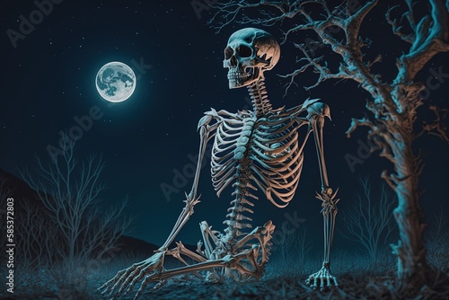 Lunar Reverie: A Skeleton Under a Midnight Sky Generative AI