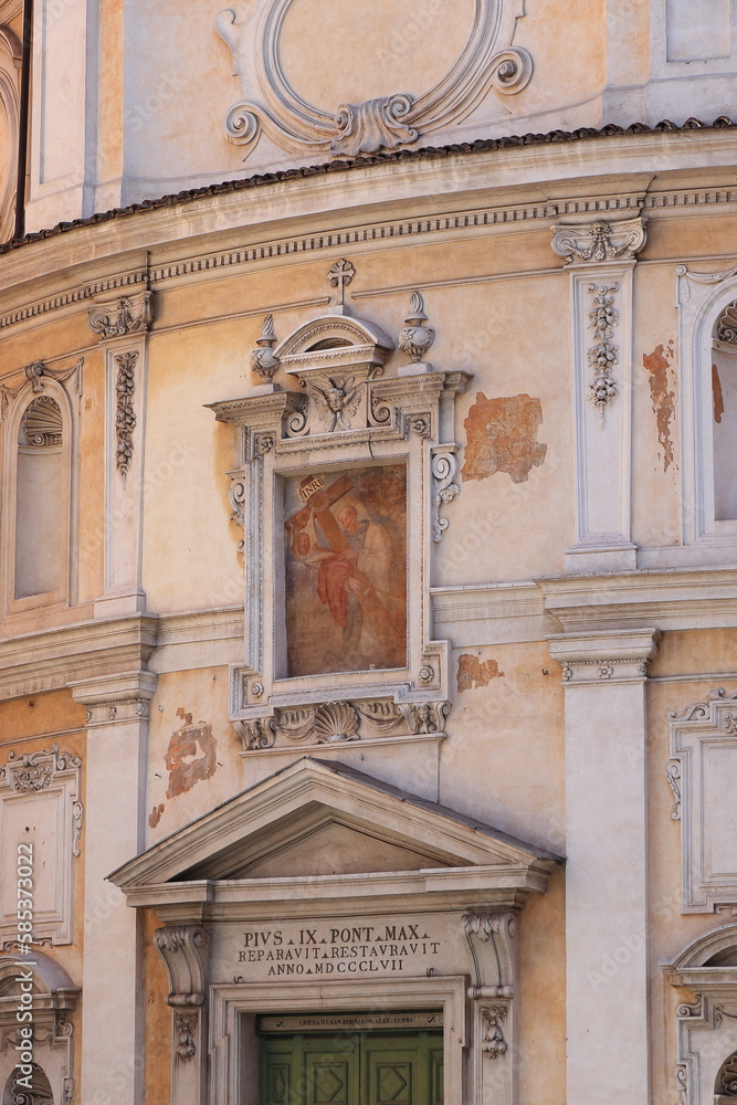 San Bernardo alle Terme Church Facade Close Up with Pediment and Fresco in Rome, Italy
