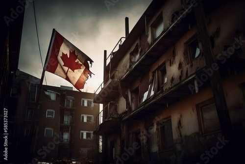 Tattered Canadian Flag Defiantly Waving (AI Generated)
