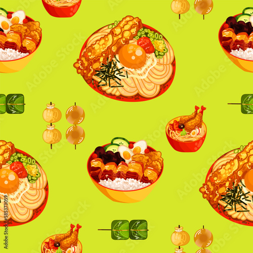 Fototapeta Naklejka Na Ścianę i Meble -  Chinese food seamless pattern. Hand drawn different types of asian food in wooden steamers repeating background. Tasty chinese food, delicious har gao, sticky rice, rolls.