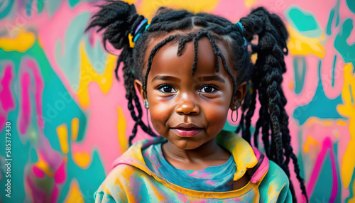 Little african american girl playing with colors. Ai generative