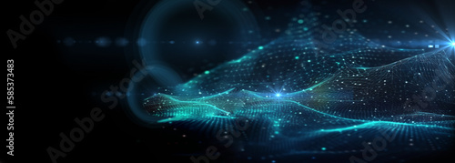 Data, internet and futuristic background wave, with blue connection, abstract and technology illustration for big data, AI or a network or stream of communication, science or music. Blockchain, cloud