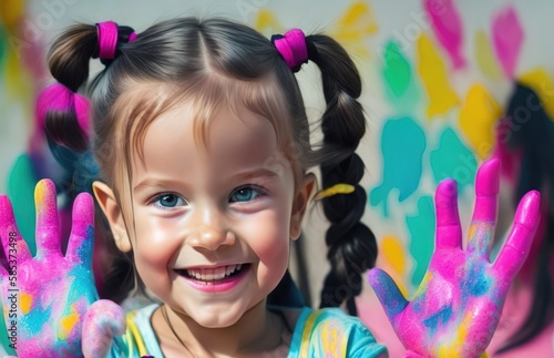 Little girl playing with colors paints. Ai generative