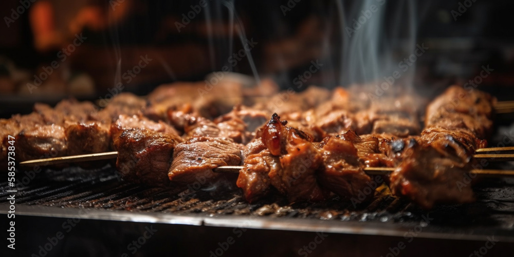 kebab meat on skewers in front of the grill in the restaurant. Genetarive AI kebab meat on skewers in front of the grill in the restaurant. Genetarive AI