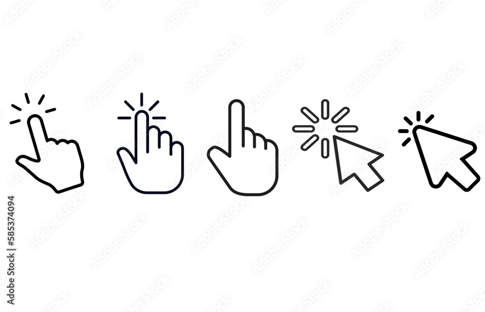 Obraz premium Hand pointer icons. Pointer click. Cursor arrow icon. Clicking finger. Computer mouse click. Vector illustration.
