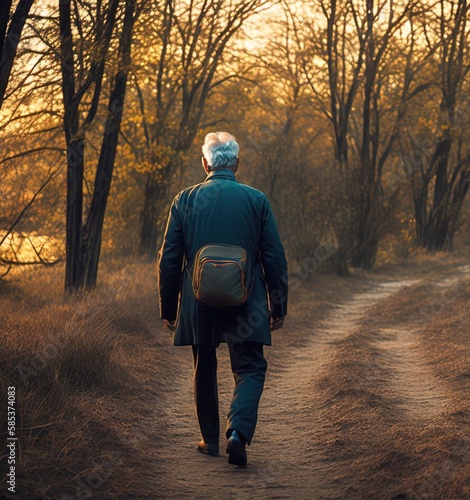 Elderly grandfather walking alone. Concept loneliness, widowhood, grandpa senior old man. Older. Ai generative