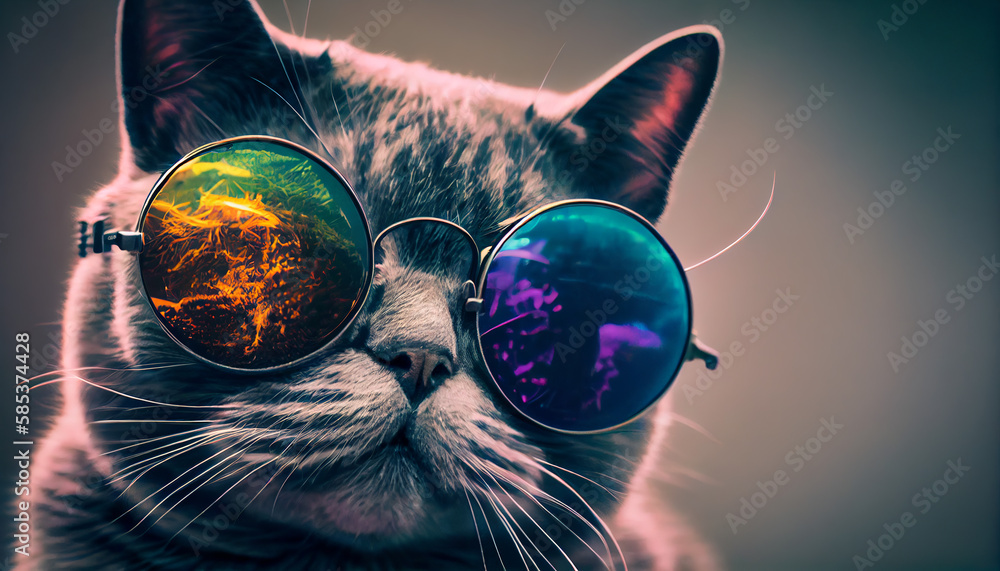 Cat in large colorful sunglasses, Generative AI