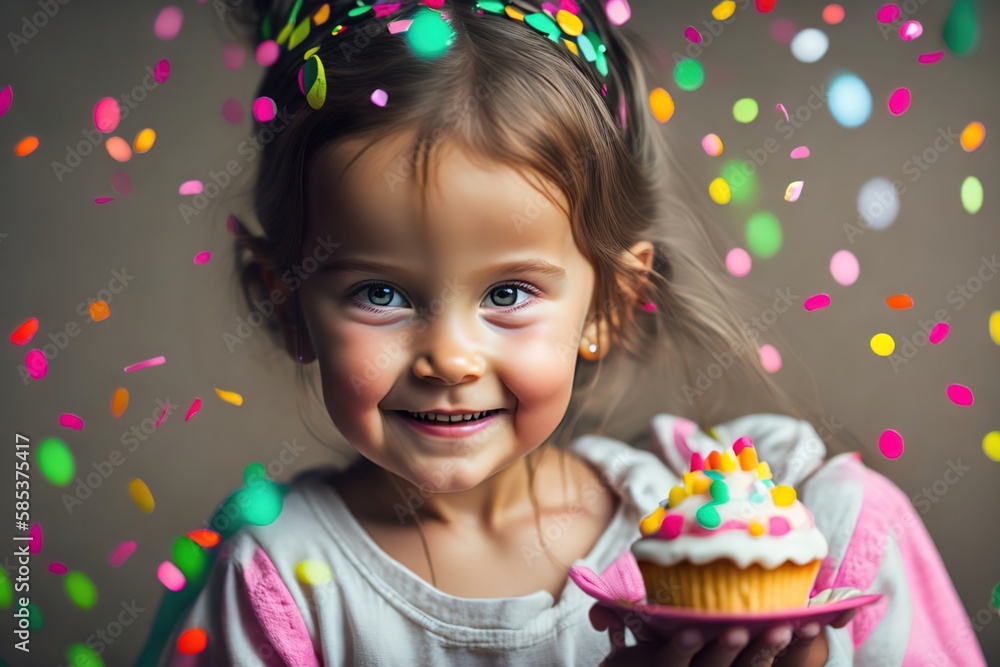 Little girl at birthday party with cupcakes and confetti. Happy Birthday.
Ai generative Little girl at birthday party with cupcakes and confetti. Happy Birthday.
Ai generative