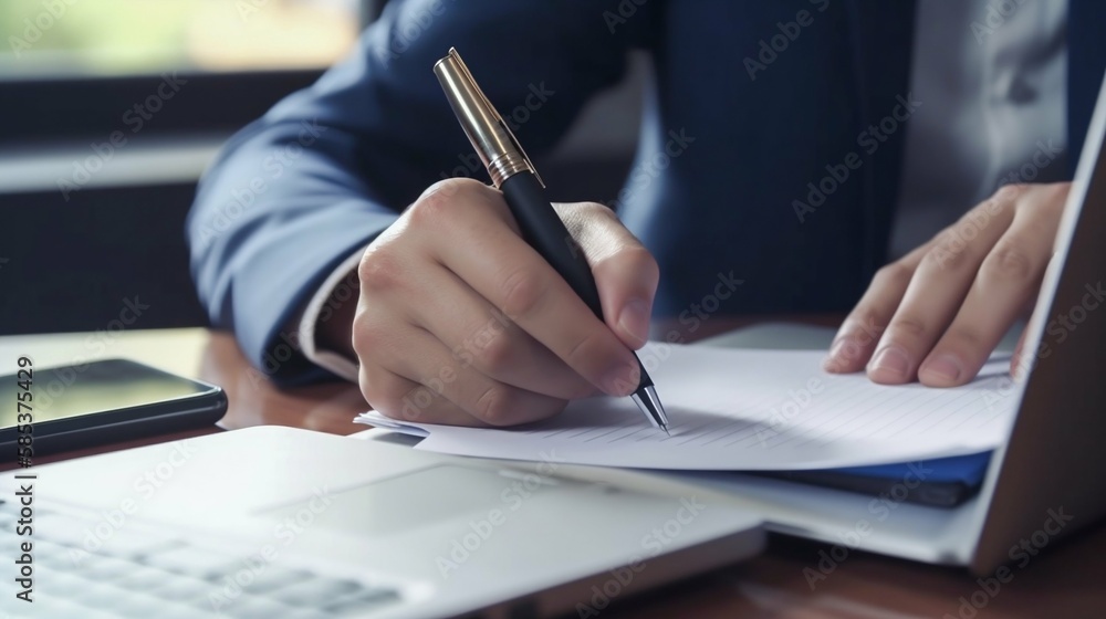 Businessman signing contract on desk in modern office, close up. Generative AI Businessman signing contract on desk in modern office, close up. Generative AI