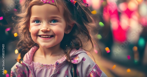 Little girl at birthday party with confetti. Happy Birthday. Ai generative
