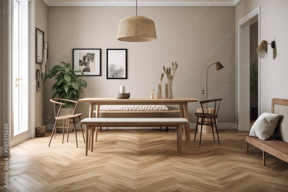 Fototapeta premium Minimalist dining room with parquet, frame, and wooden table. Japanese interiors. Generative AI