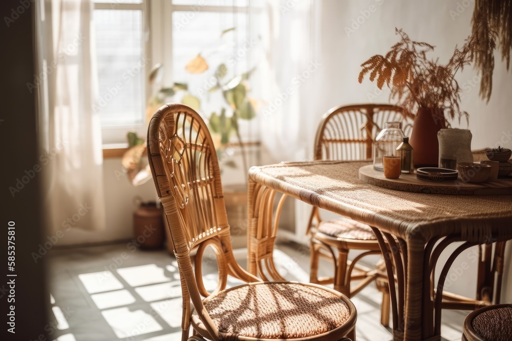 Close up of boho style wood chair with rattan near glass dinner table. Cozy home with natural armchair against white copy space wall. Generative AI