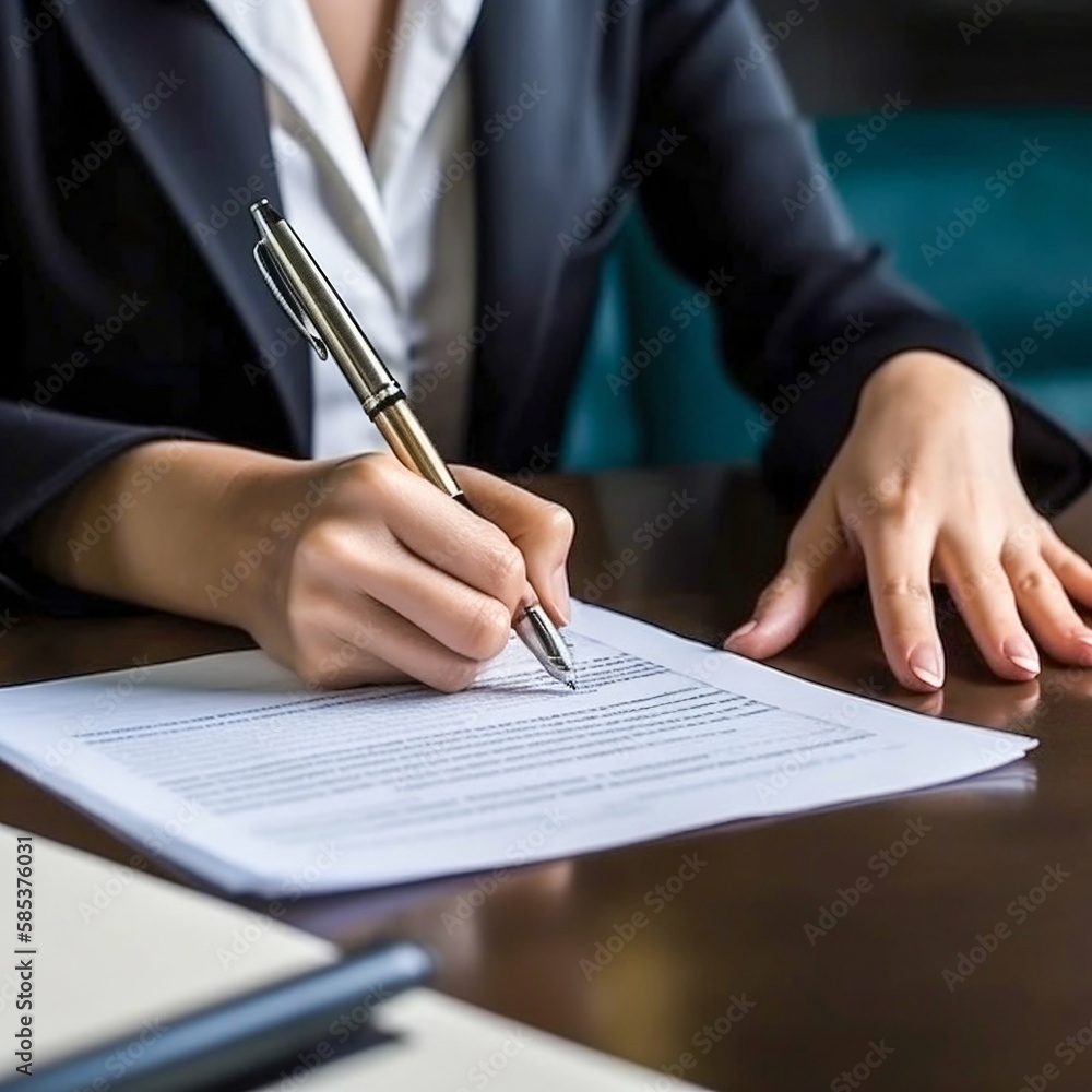 Businesswoman signing contract on desk in modern office, close up. Generative AI Businesswoman signing contract on desk in modern office, close up. Generative AI